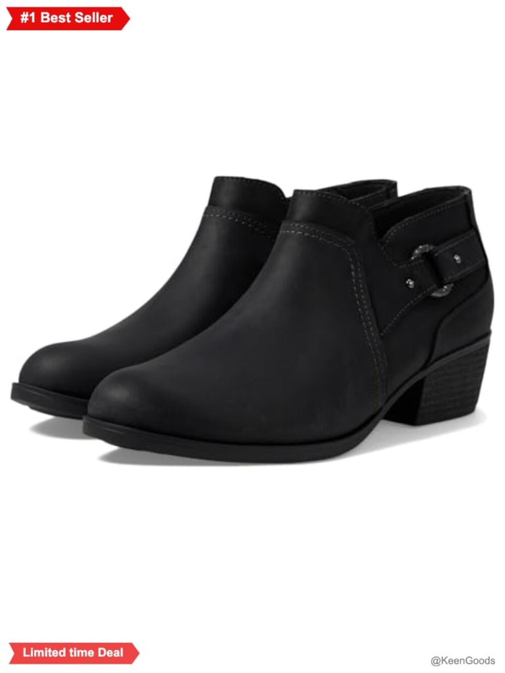 Leather Ankle Bootie with Block Heel & Buckle Detail Side Zip Comfort Footbed